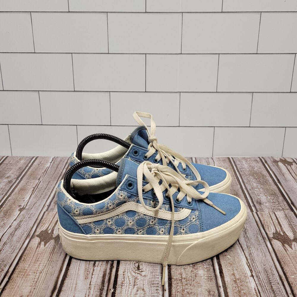 Vans Old Skool Platform Blue Floral Embroidered Shoes Men's 6 Women's 7.5 - Picture 4 of 9